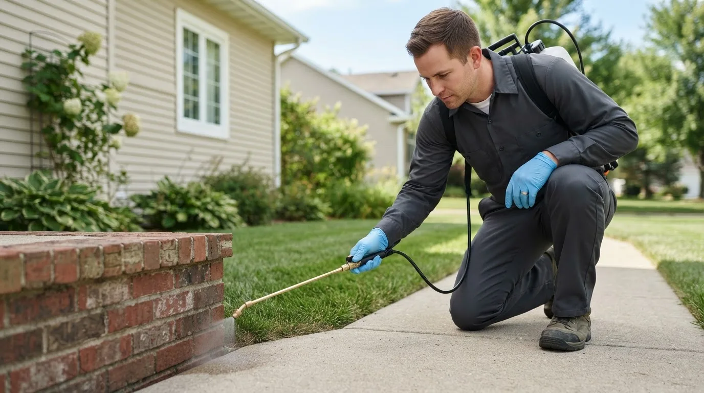 Pest control technician treating a home near Pavilion, NY